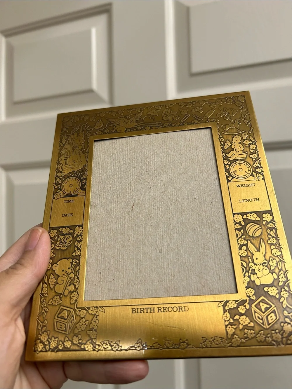 vintage brass baby birth record picture frame,